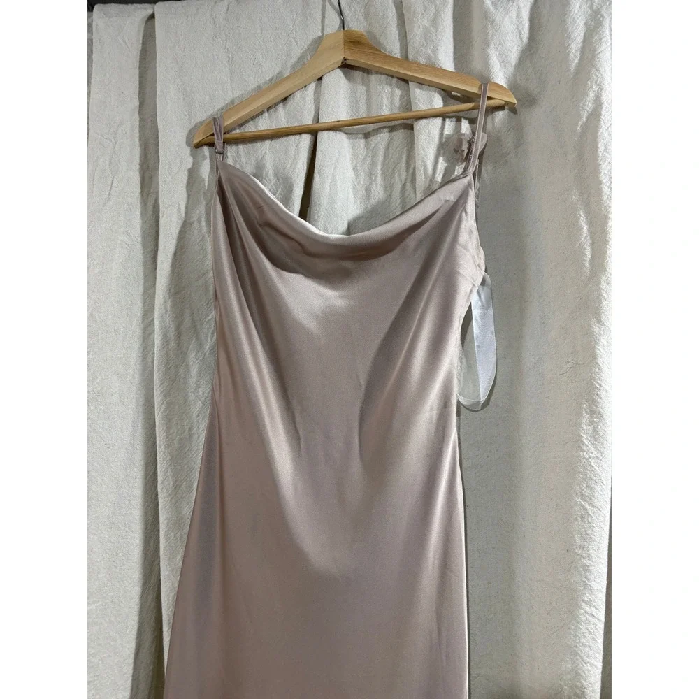 JLUXLABEL Down The Aisle Satin Maxi Dress Taupe Cowl Neck Floral Open Back Small - Picture 4 of 9